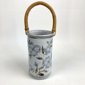 Stoneware Art Pottery Wine Cooler Cindy Anglisa Bamboo Handle Signed Blue Pansy